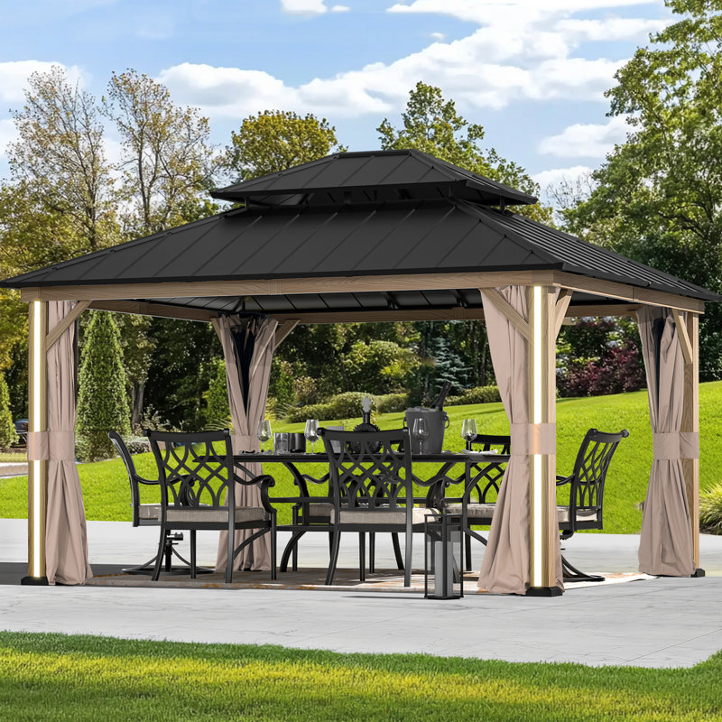 Pavillon de jardin en aluminium galvanisé à toit rigide 12 pi x 14 pi Stratford, toit vertical à 2 niveaux, rideaux, moustiquaire, éclairage DEL et prise de charge USB