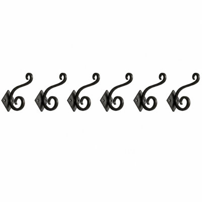 Set of Six Black Cast Iron Scroll Wall Hooks