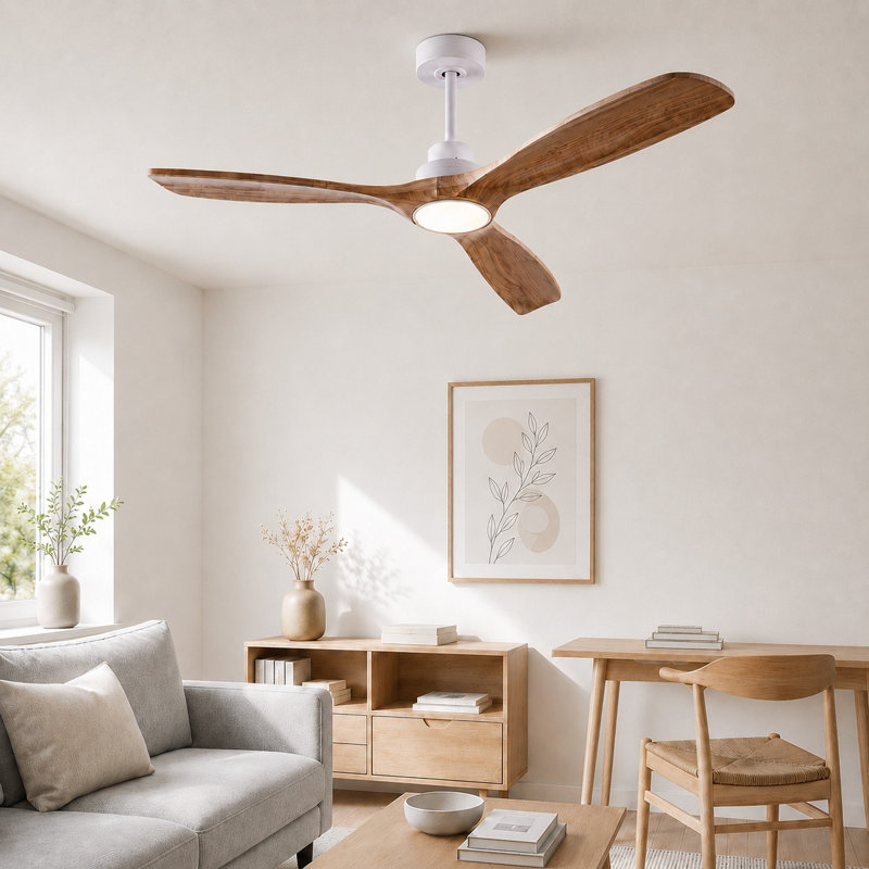 Ventilateur de plafond moderne en bois massif de 52 po à 3 pales avec lumière DEL à intensité variable, 3 tiges, deux tiges verticales et télécommande