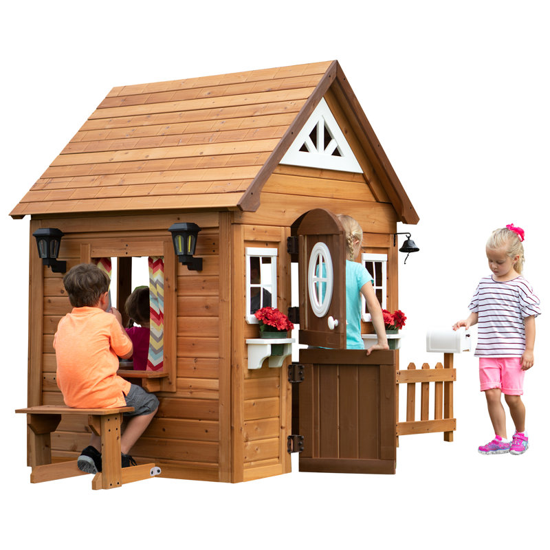 Aspen Cedar Wooden Playhouse with White Trim and Accessories