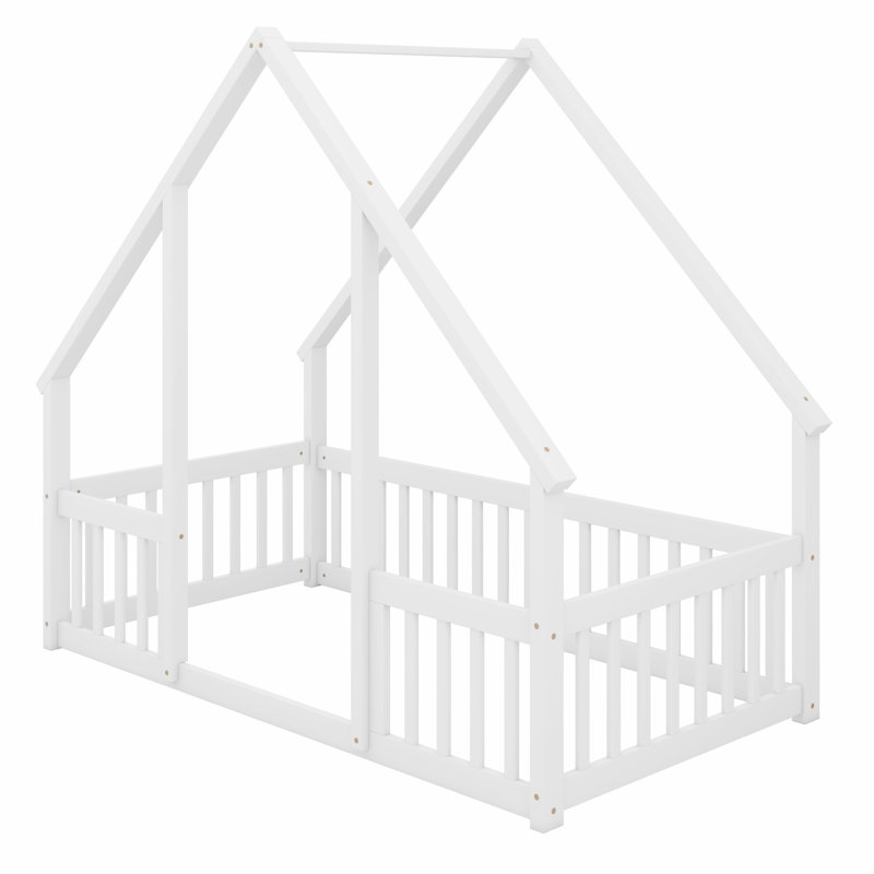 Contemporary House‑Shaped Floor Bed Featuring Safety Fence And Guardrails, White
