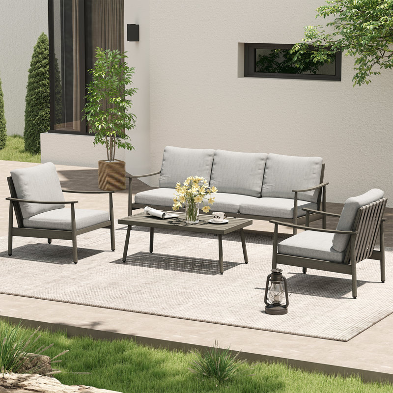 Ensemble de conversation d'extérieur pour 4 personnes avec coussins Mariène, Gris, Gris