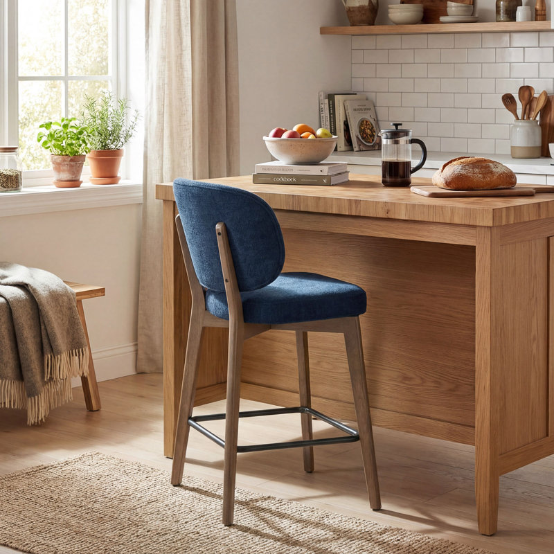 Mid-Century Modern Counter Stool, Fabric Upholstered Barstool with Wingback, Armless Counter Height Bar Stool With Wood Legs, Metal Footrest, For Kitchen Island Bar Counter, Navy, Single