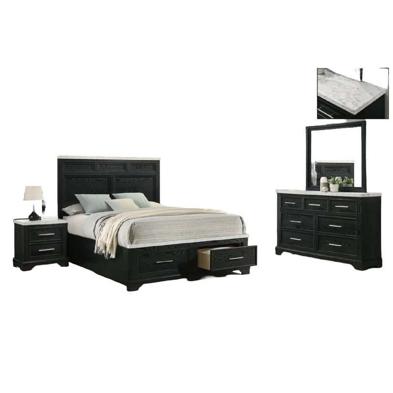 Ensemble de lit de rangement noir 4 pièces avec plateau en marbre Hawes