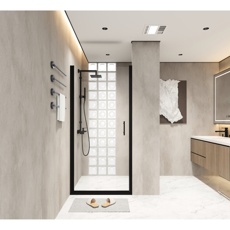 Matte Black Aluminum Half Frame 34"X 72" Pivot Shower Door With Film And Adaptable Swinging Setup Layout