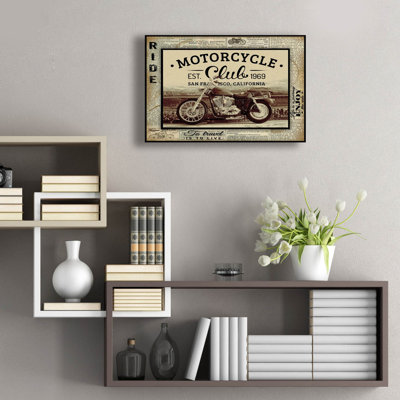 «Vintage Motorcy Mancave E» par Jean Plout, art mural en verre acrylique, 24 po x 16 po