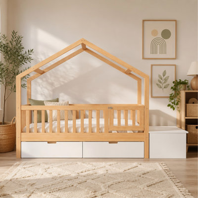Toddler Bed with Storage Drawers & Lift-Top Chest, Solid Wood Bed with Safety Railings & Gate, Playhouse Bed Frame for Kids, Compatible with standard US toddler mattresses,  Natural Wood & White