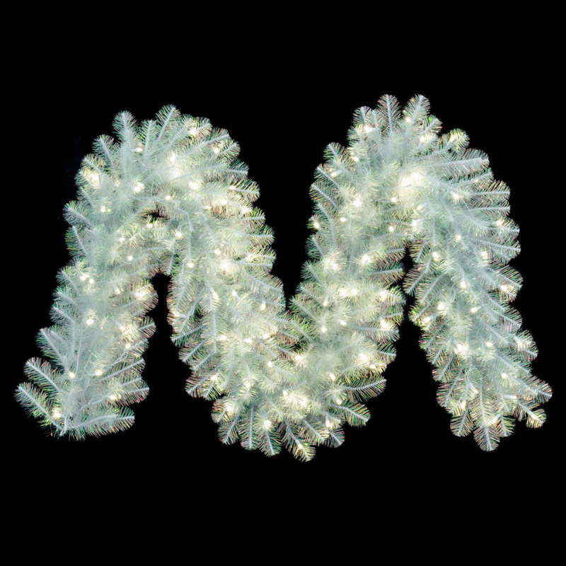 Vickerman 9' x 14" White Iridescent Artificial Pre-Lit Garland with 100 Warm White LED 5MM Lights