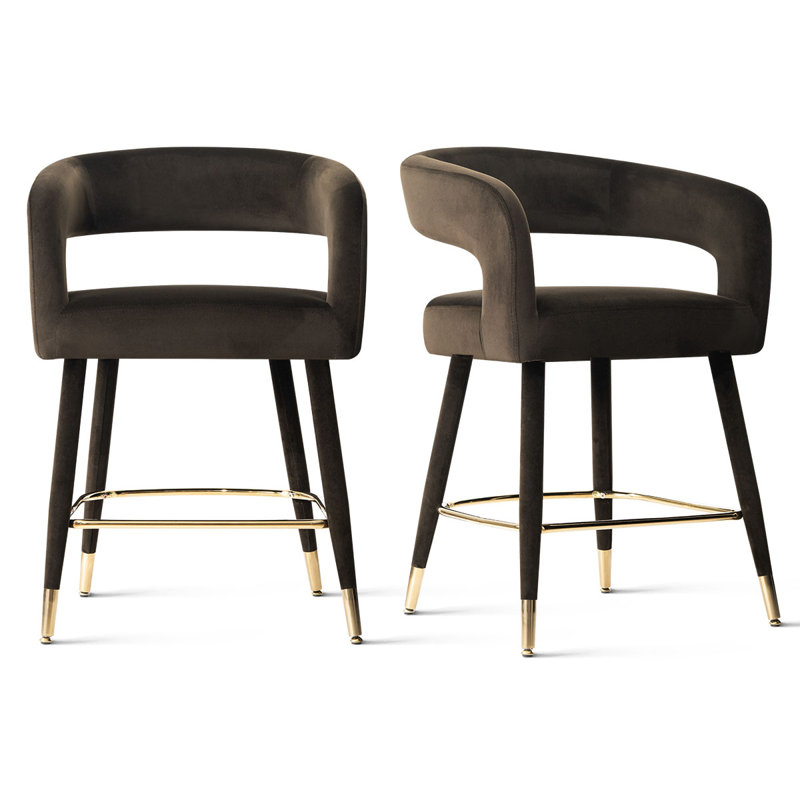 24" Velvet Counter Height Bar Stools With Gold Footrest, Chocolate Brown
