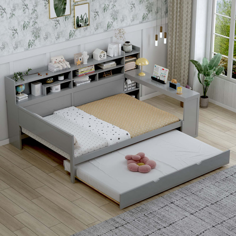Wooden Daybed With Storage Shelves, Multi-Functional Bed With Twin Size Trundle Bed And  Study Desk, Full/Double, Gray