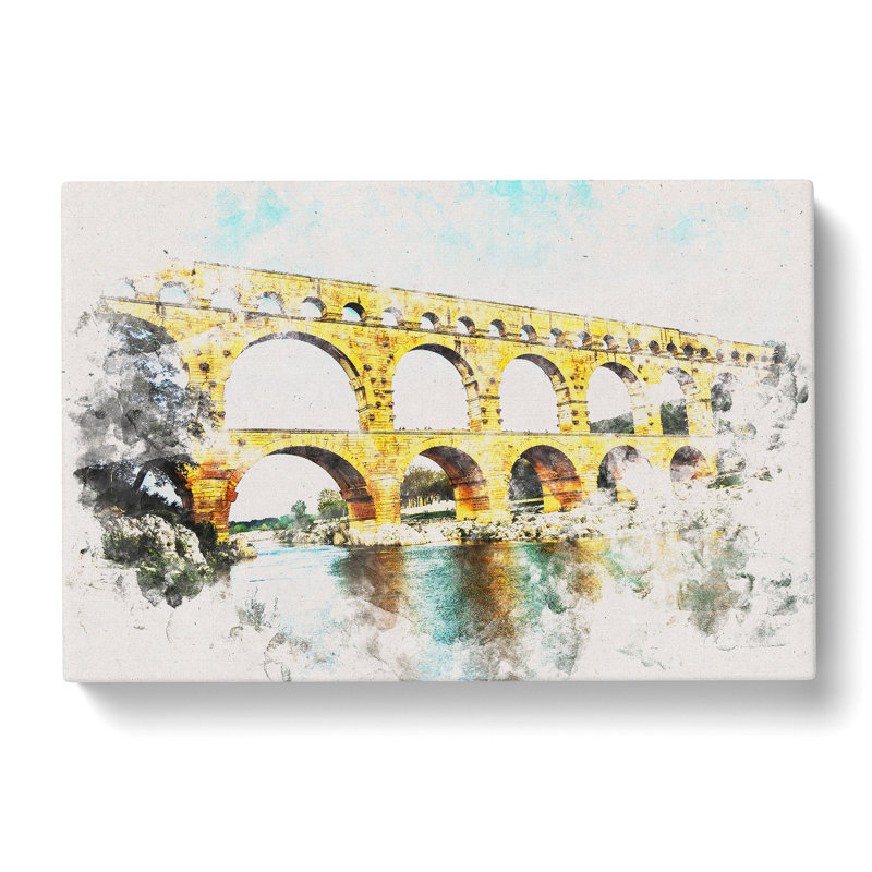 Pont Du Gard Bridge In France Watercolour - Wrapped Canvas Print, 50cm H x 76cm W x 3cm D