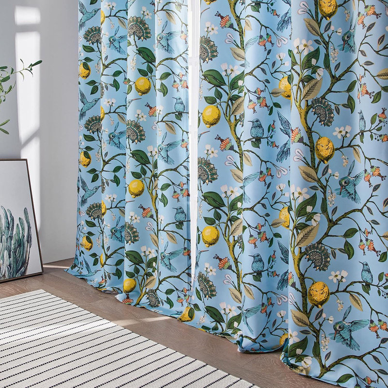 Fancy Hummingbird Patterned Blackout Curtain,Rod Pocket Back Tab Floral Drapes,Set of 2, White, 52" W x 84" L