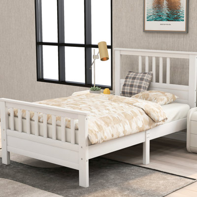 White Twin Wood Bed - 10 Slat Support, Headboard & , Easy To Assemble, No Box Spring Pine With Exquisite And Finish