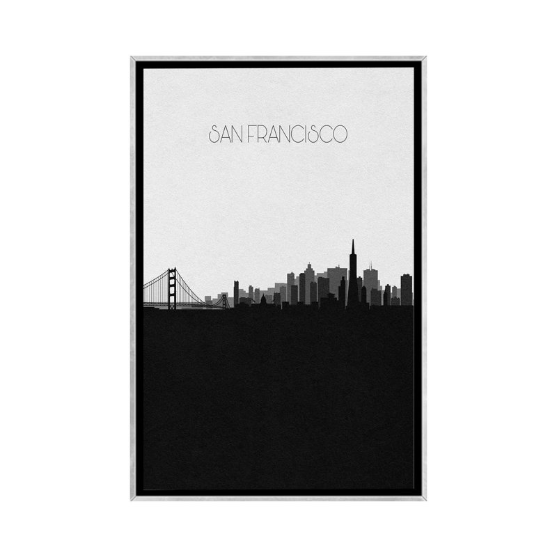 "San Francisco Skyline" par Ayse Deniz, impression, Toile avec cadre argent, Pas de tapis, H 40 po x l 26 po x P 1,5 po
