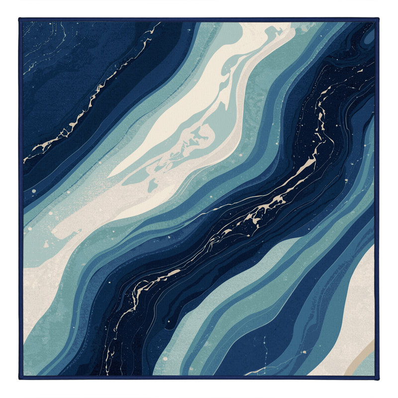 Machine Washable Parkchester Posh & Luxe Marble Rug in Blue – Navy Binding, 5' Square