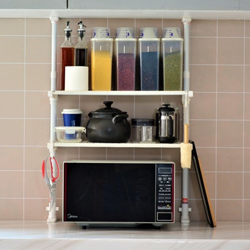 2 Tier Microwave Rack With 5 S-Shaped Hooks Height Adjustable