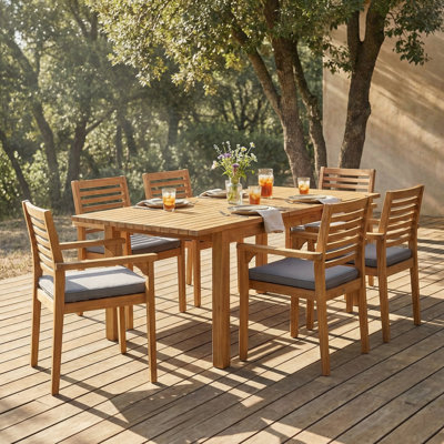Ensemble de salle à manger 7 pièces en bois d'acacia avec 6 chaises et 1 grande table, parfait pour la pelouse, la cour, le jardin, la terrasse et la piscine