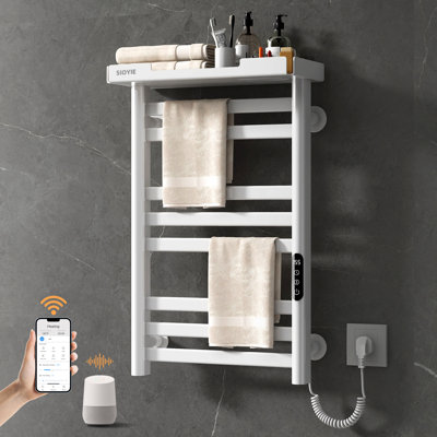 Porte-serviettes chauffant mural avec tablette 160 W, 8-Bar, commande d'appli Wi-Fi, minuterie 1-24H, 115 15 -155 ℉, acier à faible teneur en carbone, IPX5, à brancher / câblé, blanc SIOYIE