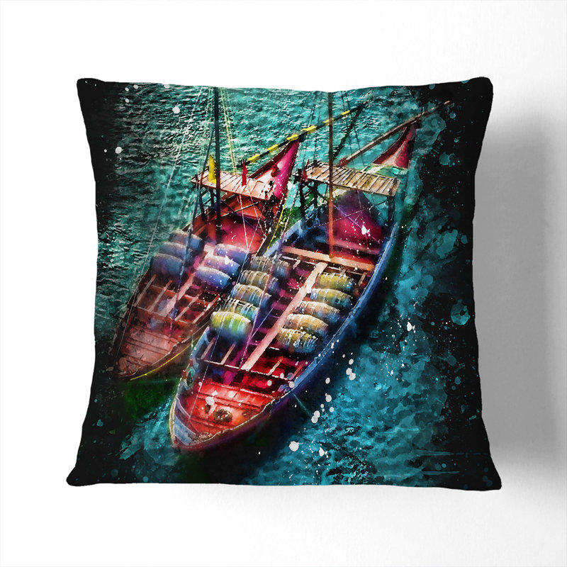 Boats In Portugal Paint Splash Square Throw Cushion, 40cm H x 40cm W x 15cm D, White