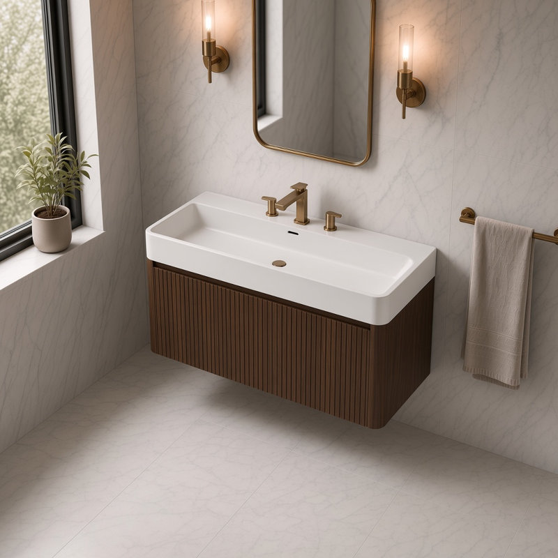 Meuble-lavabo flottant, surface intégrée avec 3 trous de robinet pré-percés, Walnut, 48"