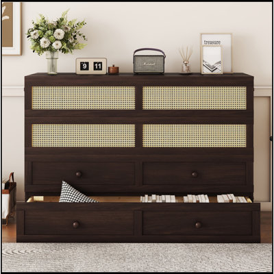 Grand lit escamotable, armoire-lit en bois de pin avec décoration en rotin et tiroir de rangement, espresso