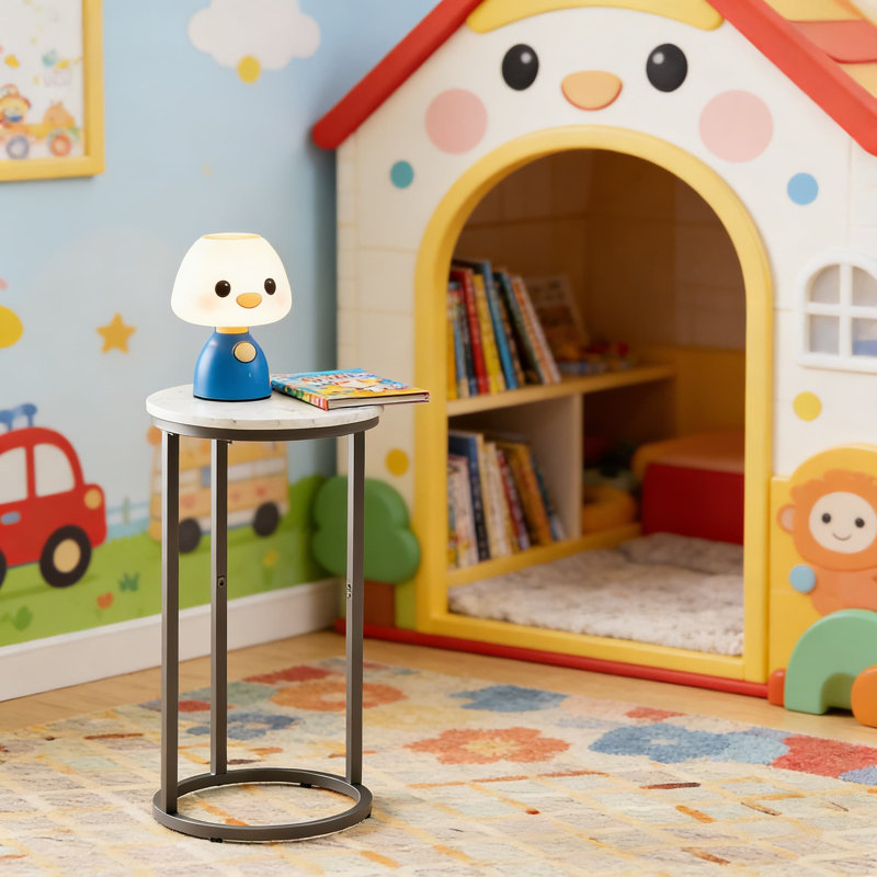 Table de bout en forme de C avec plateau en bois rond et structure en métal - Table d'appoint peu encombrante pour le salon, la chambre à coucher ou les petits espaces, facile à assembler