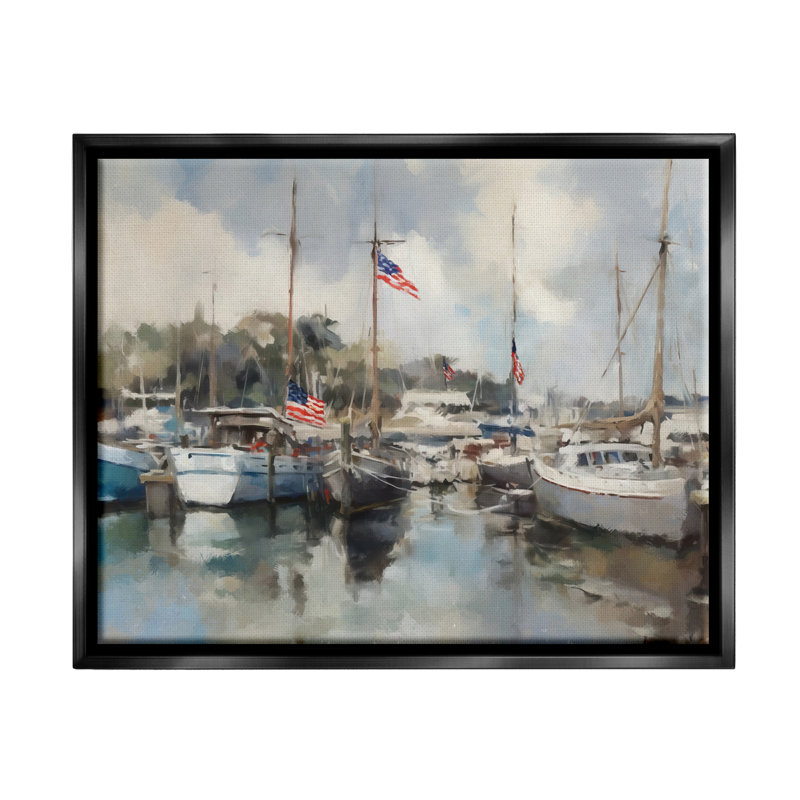 Bateaux avec drapeaux américains encadrés sur toile par Ziwei Li, Cadre flottant noir de jais, H 17 po x l 21 po x P 1,7 po