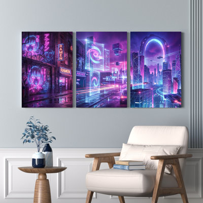 Ensemble de 3 toiles murales néon cyberpunk représentant un paysage urbain, idéales pour la décoration du salon, de la chambre ou de la maison.
