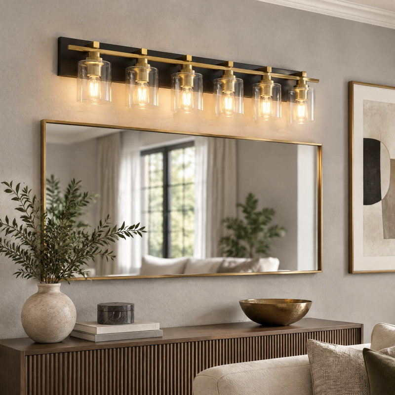 Applique murale de salle de bain noire et dorée à 6 lumières avec abat-jour en verre, 6