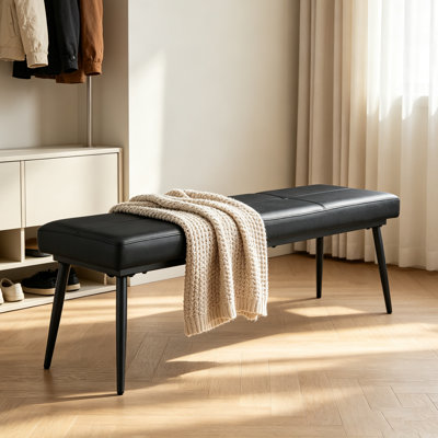Banc rembourré en cuir de polyuréthane 51 po avec pieds en métal, banc d'entrée doux avec coussins en mousse de fibre, banc de salle à manger, noir
