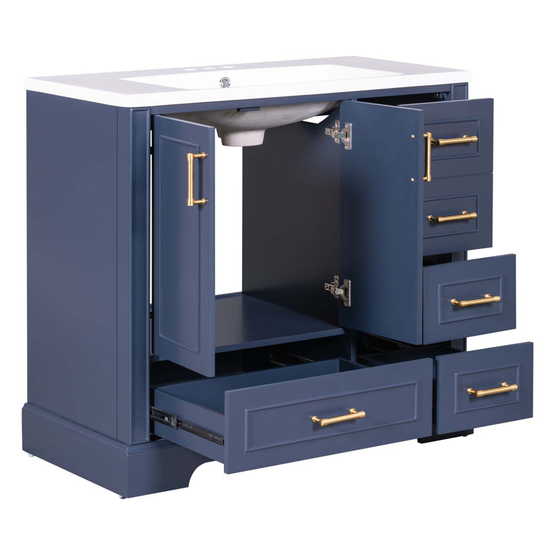 Meuble-lavabo traditionnel avec lavabo en résine, 2 portes et 4 tiroirs, Bleu