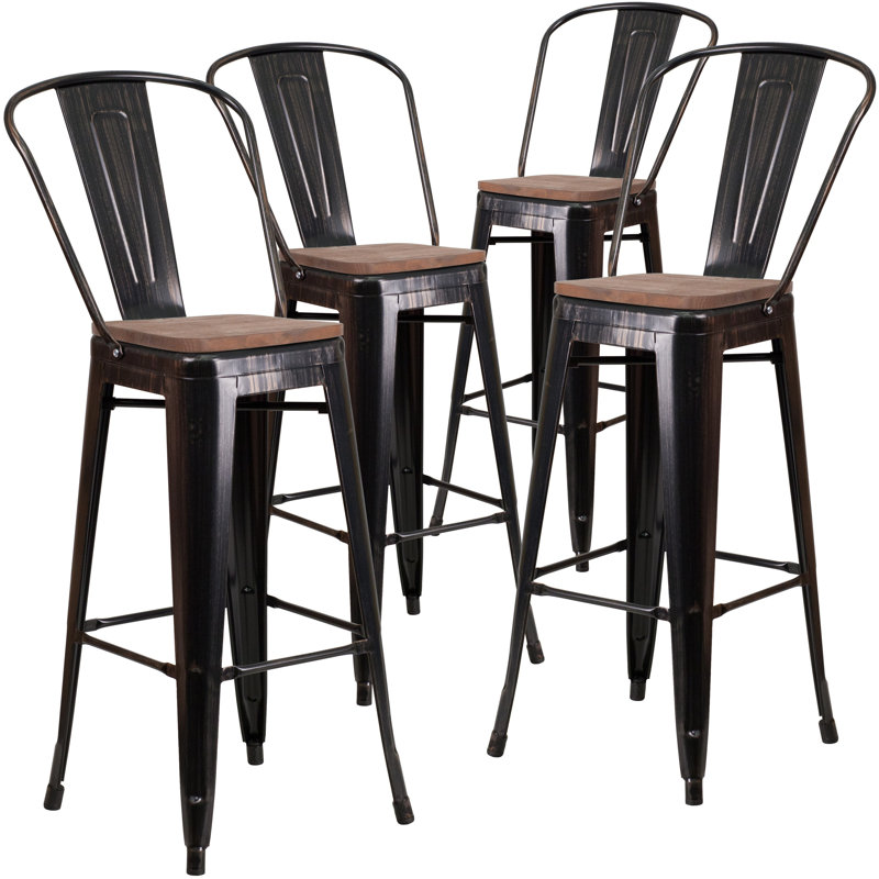 Margherite Modern Bistro Metal Dining Stool with Curved Vertical Slat Back and Wood Seat, Black-Antique Gold