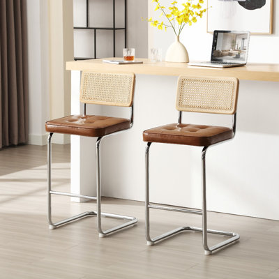 Marlow 26" Counter Stool Mid Century Modern Rattan Back Tufted Faux Leather Seat Chrome Cantilever Sled Base