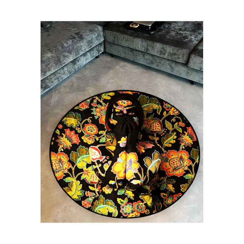 Round Woven Base Vintage Decorative Carpet With Multicolored Floral And Abstract Woman Silhouette Pattern, Round 4'