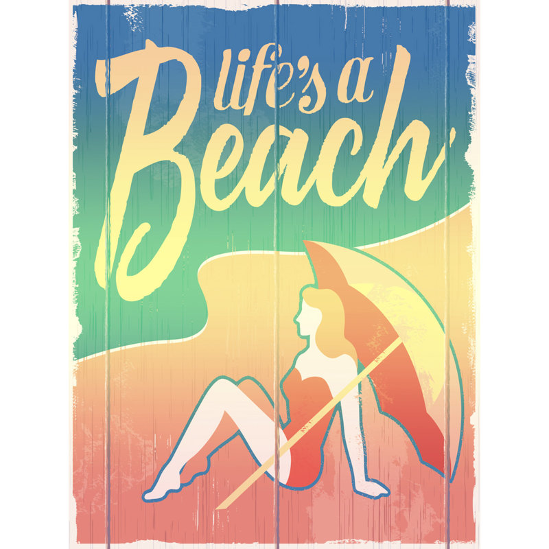 «Mccutchen Life's a Beach Lady in Waiting Under Her Umbrella with a Modern Vintage Touch», reproduction d'art textuel sur toile tendue