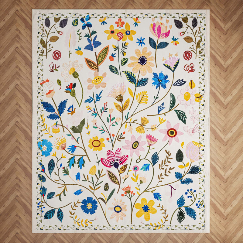 Nature Voja Floral Non-Slip Machine Washable Colorful Modern Area Rug in White for Living Room, Bedroom, Hallway Runner, Entryway Rugs
