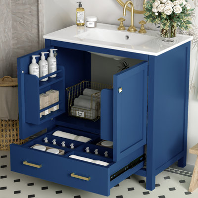 30" Blue Bathroom Vanity. Solid Wood Construction, Surface. Undermount Sink. 2 Doors, 1 Drawer. For Quiet Use Sink Cabinet. Base, Doors. Single With Shelves. Hinges, Elegant
