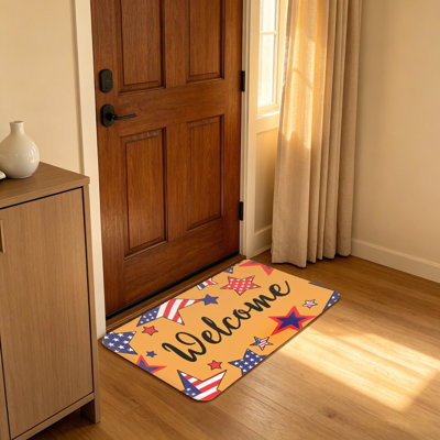 Patriotic Star Orange Red Blue Welcome Print Door Mat 20 x 32 inch July Independence Day