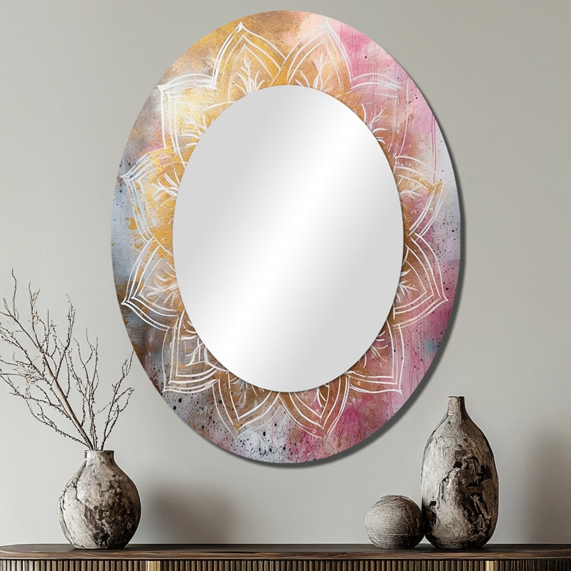 Mandala doré rose I - miroir décoratif géométrique ovale sur métal, 40 po x 30 po