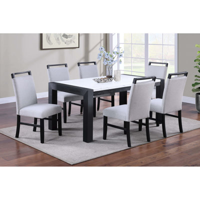 Modern 7pc Dining Featuring A White Faux Marble Top Rectangle Table And 6 Side Chairs With Curved Back Legs, Simple Assembly Contemporary 7 Piece For