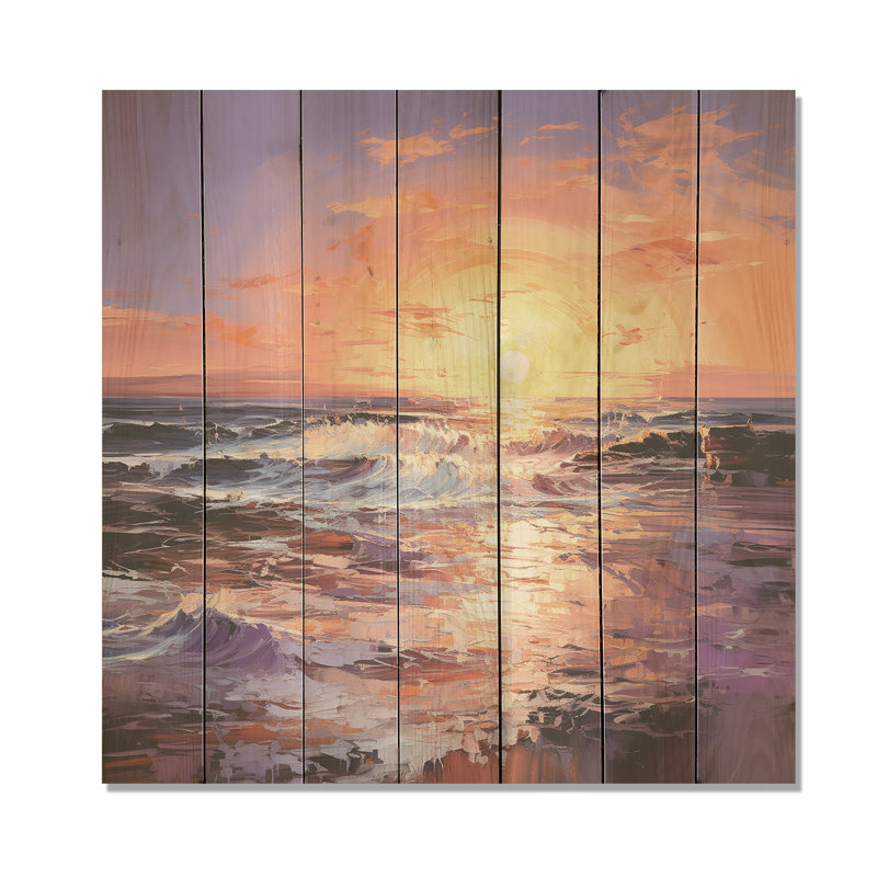 Jaune et mauve, coucher de soleil sur les océans, étreinte I - coucher de soleil côtier sur bois, H 25 po x l 25 po