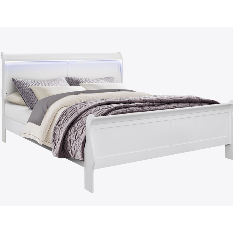 Iselys BED WITH LED,Platform Bed,Bed Frame, White, King