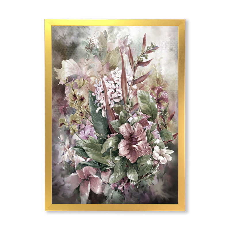 Grunge rose gris, fleurs d'été - décoration murale traditionnelle en toile, H 20 po x l 12 po x P 1 po, Cadre photo doré