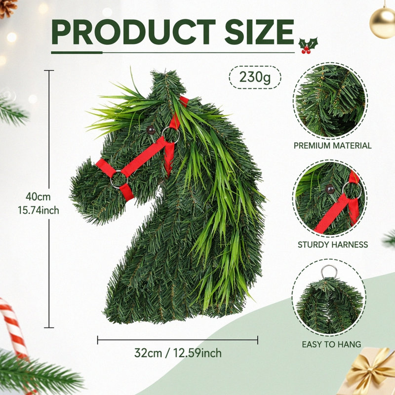 Couronne de 15,74 pouces avec tête de cheval et harnais rouge pour décor de porte de Noël