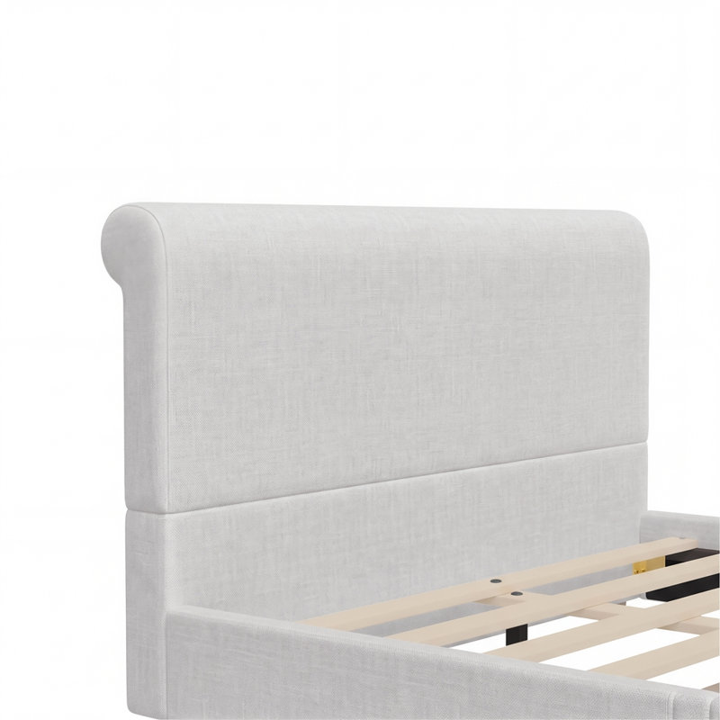 Base de lit tapissier grand format avec tête de lit haute et pied de lit roulé, cadre de lit plate-forme de lit-bateau avec pieds en bois massif et support de lattes, aucun sommier nécessaire, beige