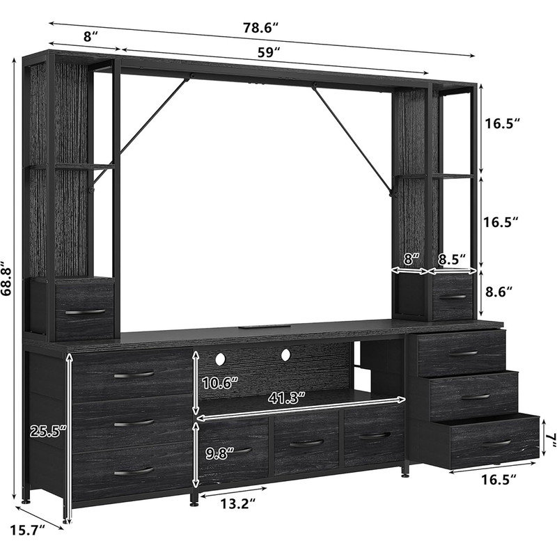 Jojoka Dresser TV Stand, 10 Drawer Dresser For Bedroom With Power Outlet, Chest Of Drawers, Black
