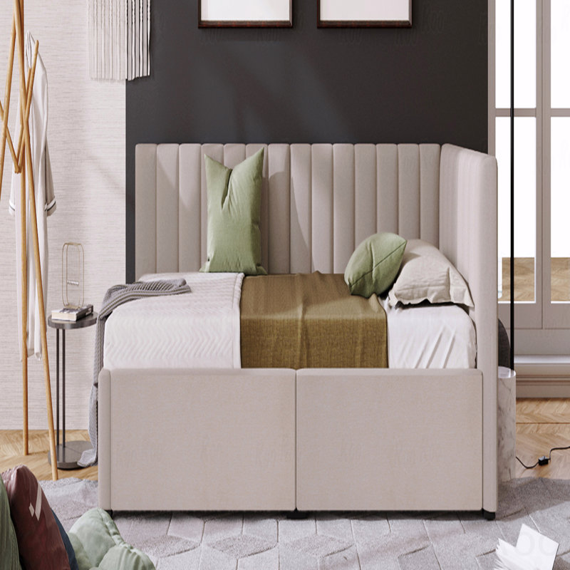 Twin Linen Upholstered Daybed Frame, 2 Storage Drawers, Beige