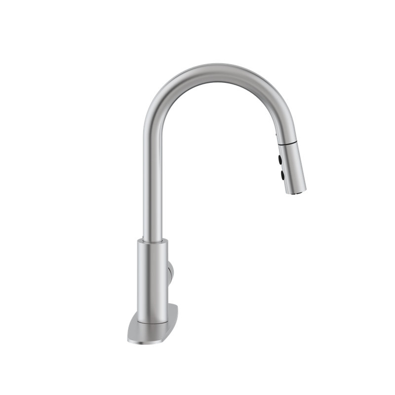 Robinet de cuisine à double bouton-poussoir avec douchette extractible, Acier inoxydable