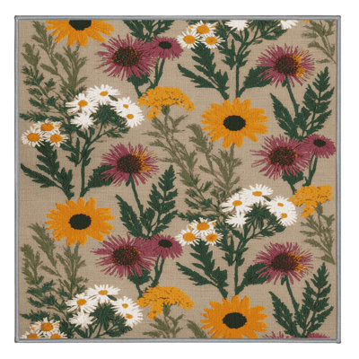 Machine Washable Botanical Grey Area Rug
