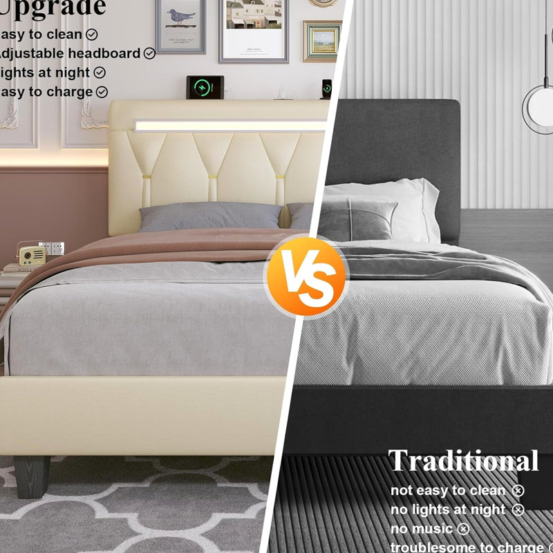 Base de lit grand format avec système de DEL et station de charge, tête de lit réglable pour plus de confort. Mood 60000+ modes d'éclairage dynamiques. Mousse d'insonorisation au design sonore, similicuir bois de chêne